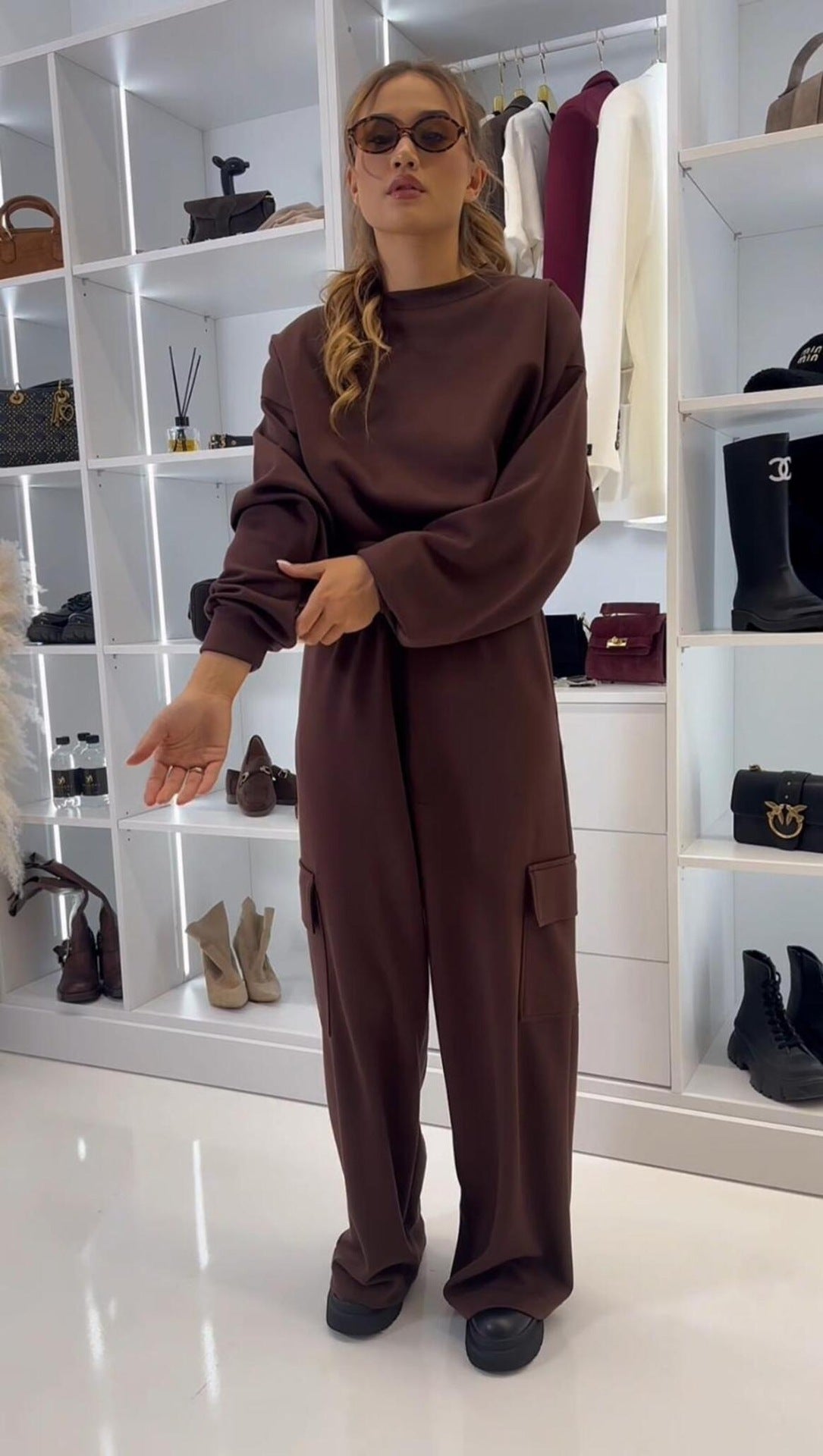 Damen Cargo Lounge Set Cropped Oberteil Bequeme Hose Grau