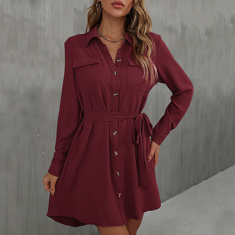 Damen Hemdblusenkleid Taillierbarer Gürtel Elegante Knöpfe