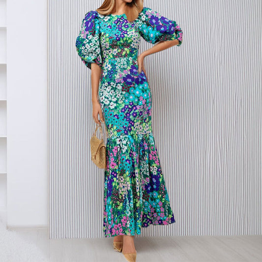 Damen Maxikleid Voluminöse Puffärmel Florales Muster Eveloria - Eveloria