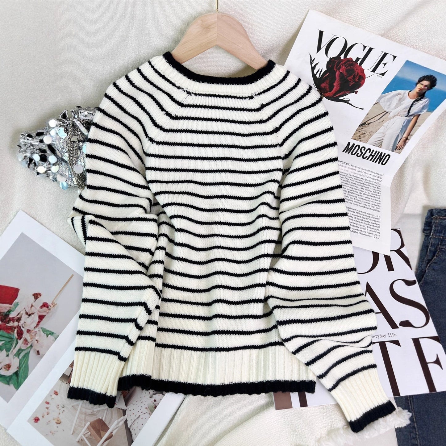 Damen Pullover V-Ausschnitt Streifen Lässig Beige