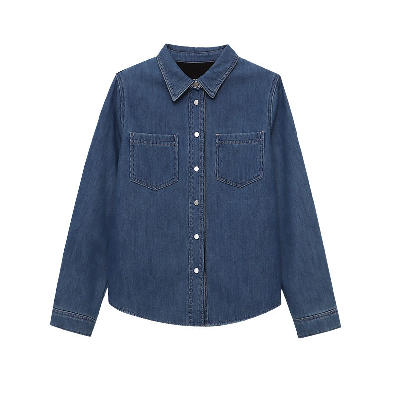 Damen Denimjacke Lässig Aufgesetzte Taschen Blau Eveloria