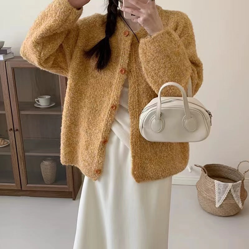 Damen Strickjacke Kuschelig Weit Knöpfe Beige