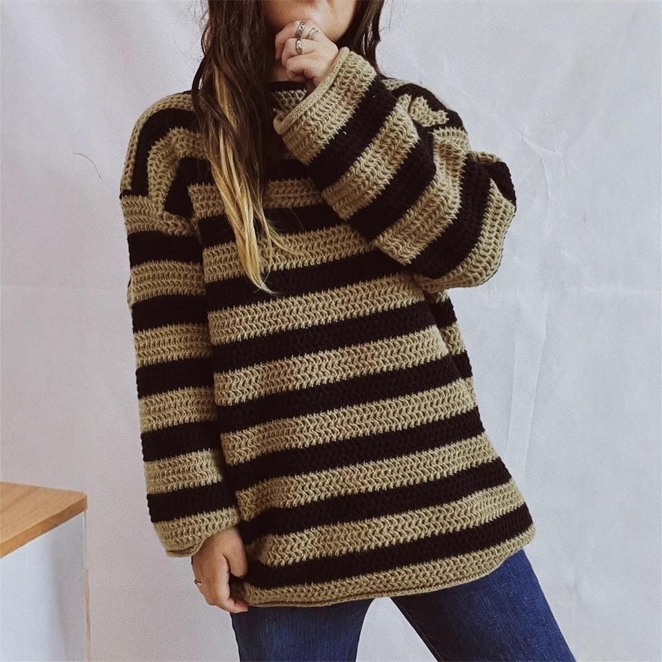 Damen Oversized-Pullover Gestrickt Breites Streifenmuster