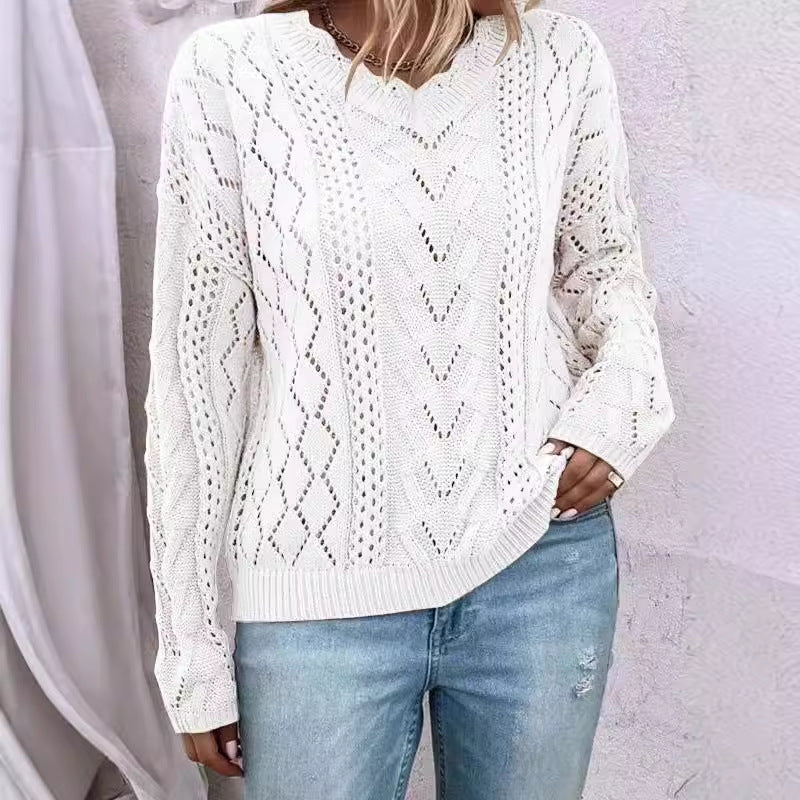 Damen Strickpullover V-Ausschnitt Raffinierte Netzstruktur