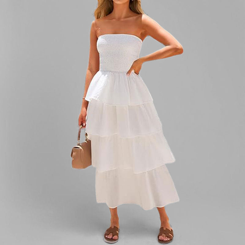 Damen Maxikleid Schulterfrei Voluminöse Rüschenschichten Eveloria