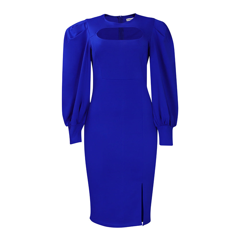 Damen Midi-Kleid Raffinierter Ausschnitt Puffärmel Eveloria