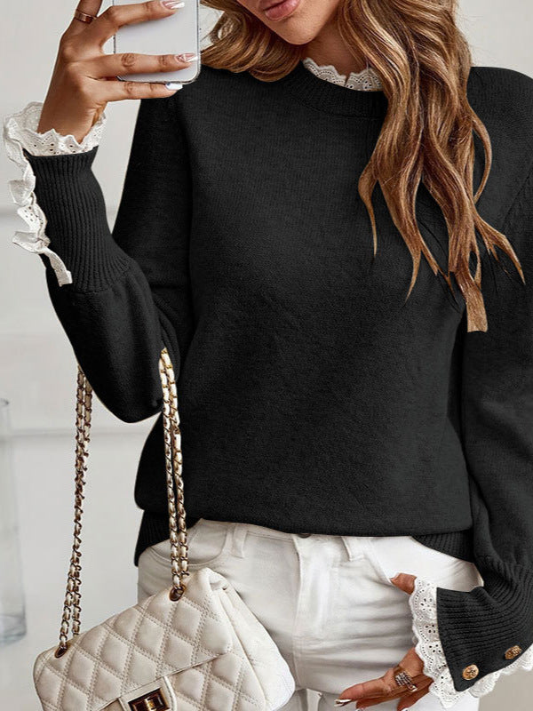 Damen Pullover Feine Spitzenärmel Elegante Knöpfe Beige