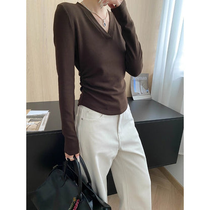 Damen Longsleeve-Oberteil V-Ausschnitt Raffung Eveloria
