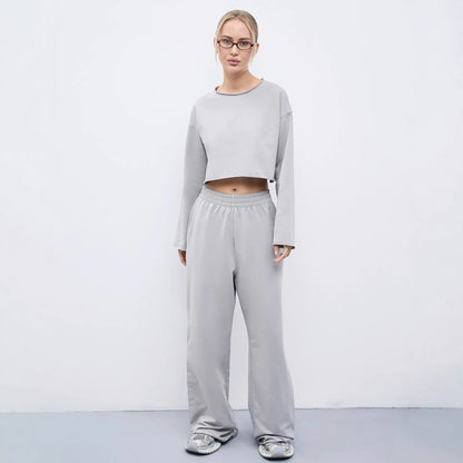 Damen Sweatshirt Set Komfortabel Cropped mit Jogginghose Grau