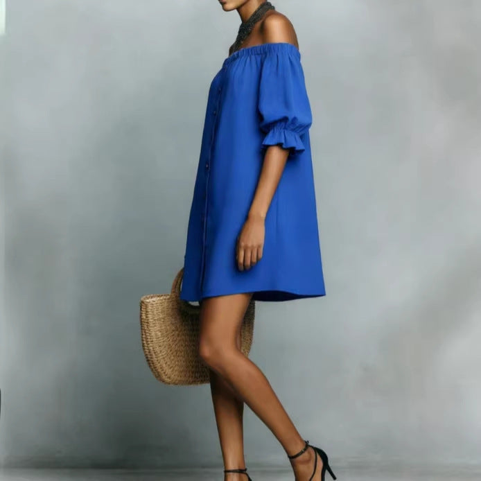 Damen Off-Shoulder-Kleid mit Knopf- und Rüschen-Details