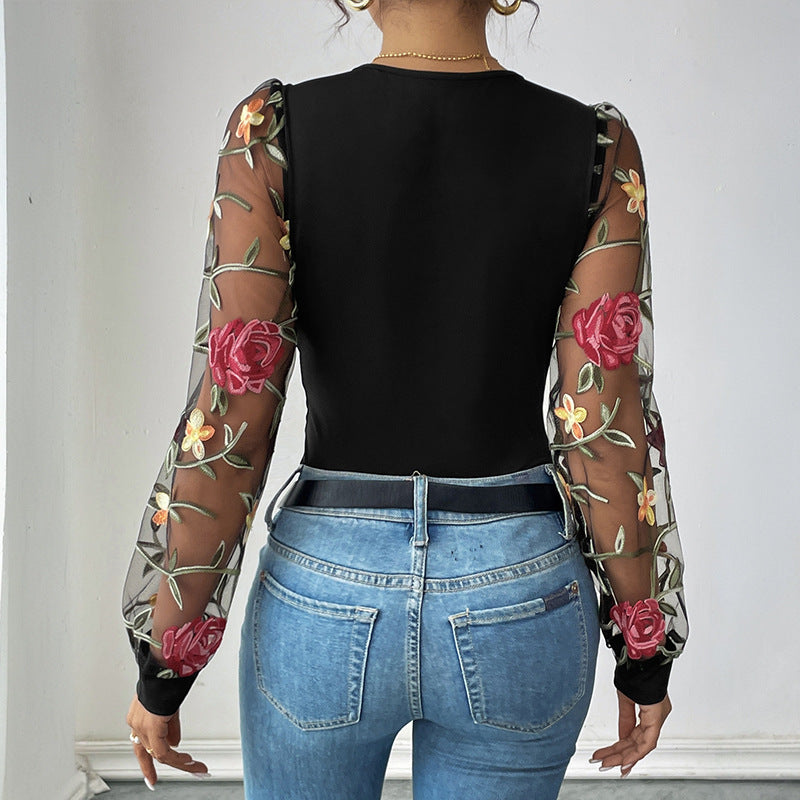 Damen Body mit Puffärmeln und V-Ausschnitt Bestickt Transparent