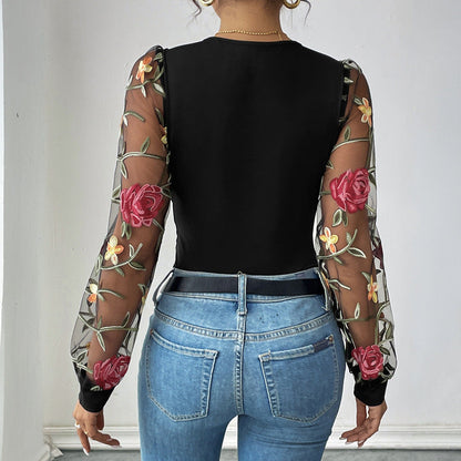 Damen Body mit Puffärmeln und V-Ausschnitt Bestickt Transparent