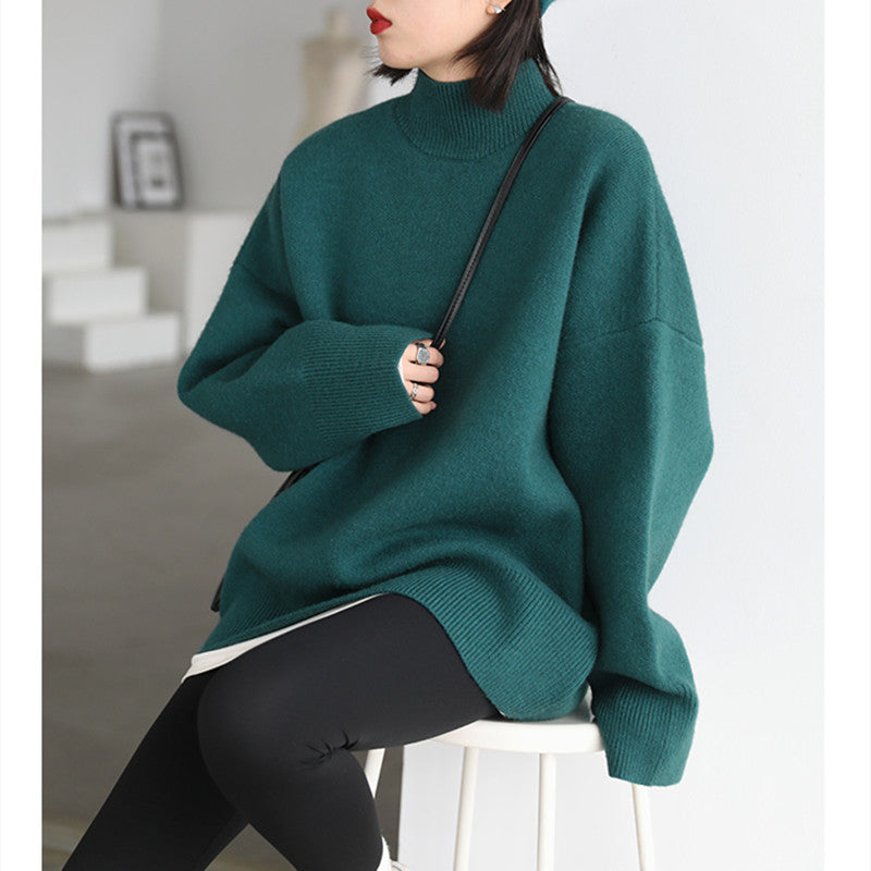 Damen Grobstrickpullover Hochrollkragen Überschnittene Schultern - Eveloria