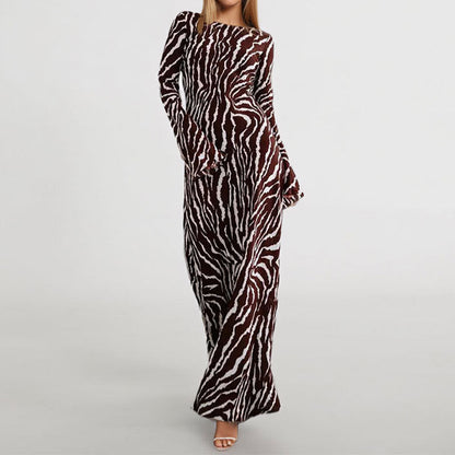 Damen Maxikleid Tiermuster Schimmerstoff Lang
