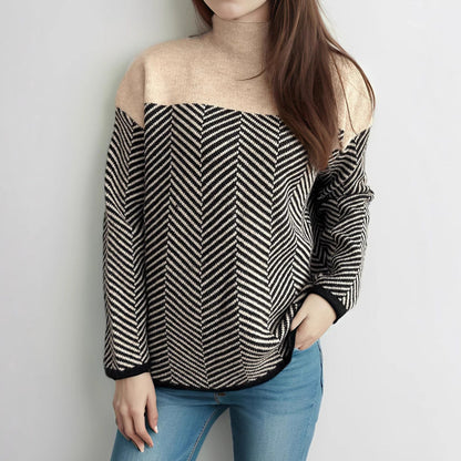 Damen Rollkragenpullover Fischgrätenmuster Elastisch Beige