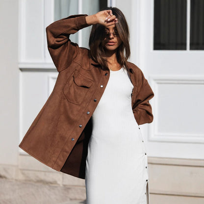 Damen Oversized Oberhemd Wildlederimitat Weich Beige