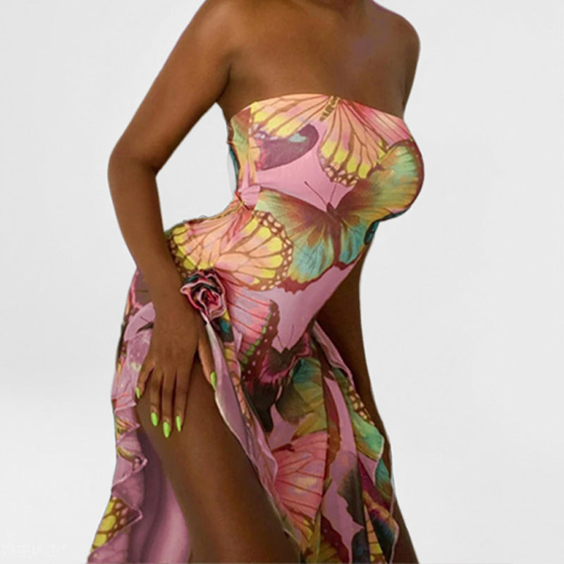 Damen Strandkleid Asymmetrisch Bunt Schmetterling