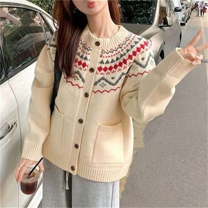 Damen Grobstrickjacke Norwegermuster mit Taschen