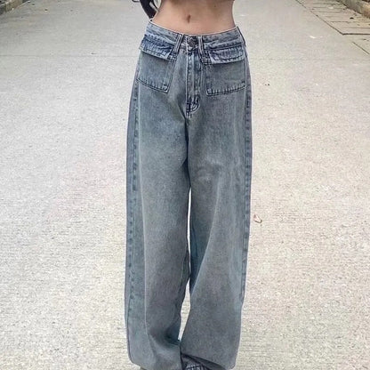 Damen Weite Denim-Hose Hochtaschen Vintage-Waschung Blau - Eveloria