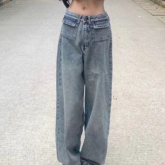 Damen Weite Denim-Hose Hochtaschen Vintage-Waschung Blau - Eveloria