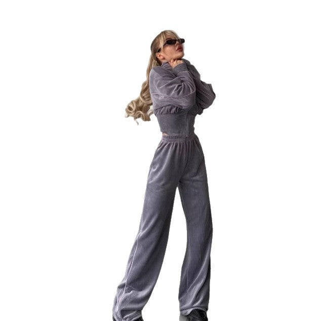 Damen Fleece Trainingsanzug Kurzreißverschluss Elastischer Bund