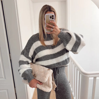 Damen Cropped-Pullover Breite Streifen Hoher Kragen Eveloria - Eveloria