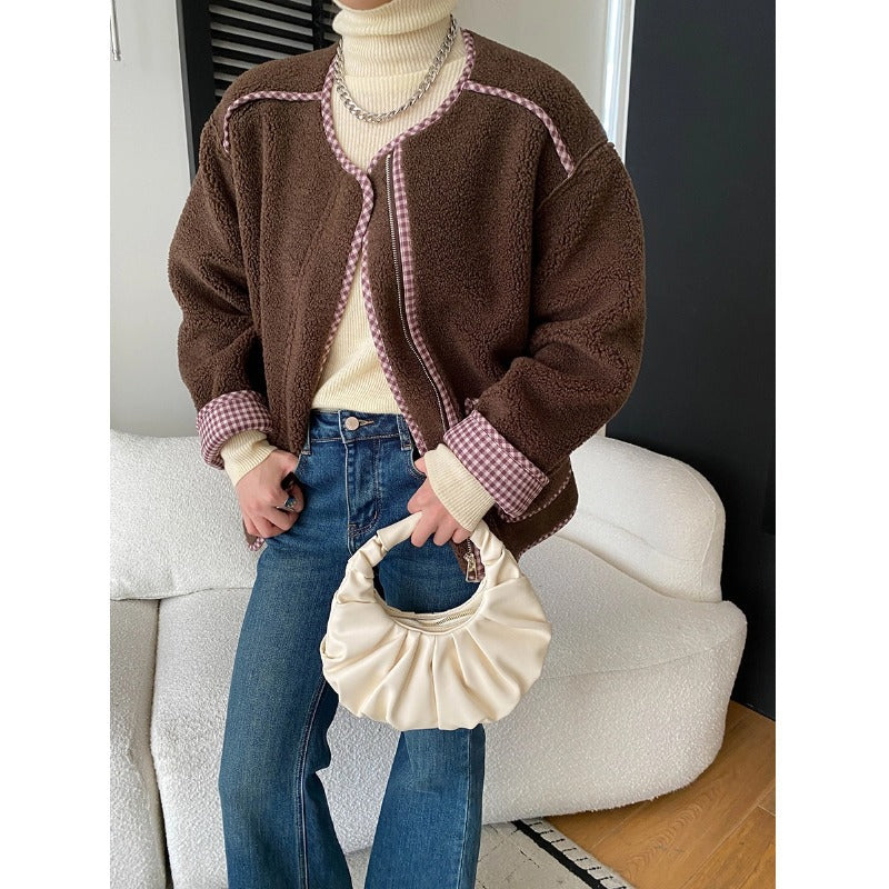Damen Teddyjacke Lässig mit Taschen Braun