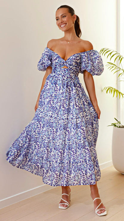 Damen Maxikleid Schulterfreies Design Puffärmel Eveloria