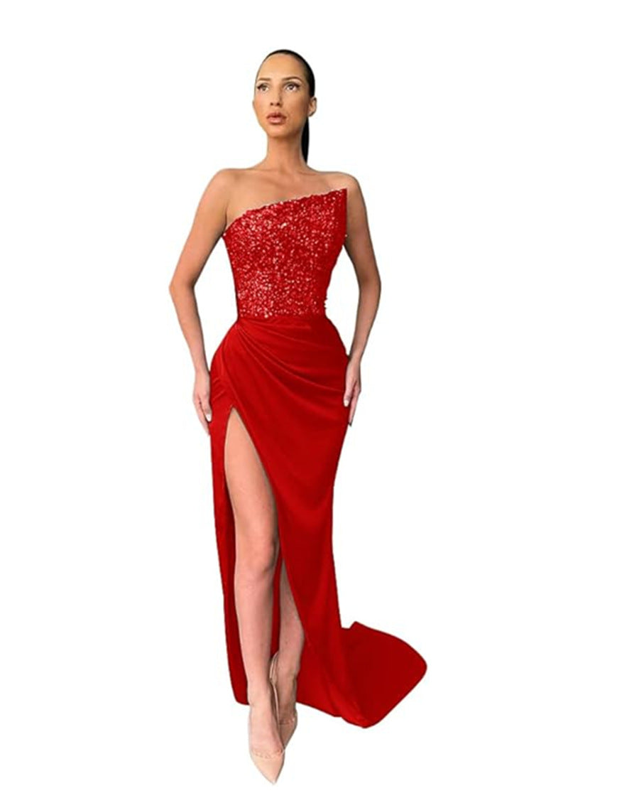 Damen Abendkleid Asymmetrisch Hochgeschlitzt Eveloria