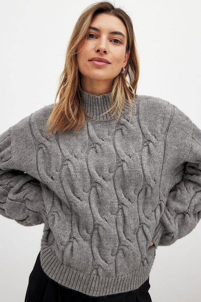 Damen Grobstrickpullover Hohler Kragen Zopfdesign Beige