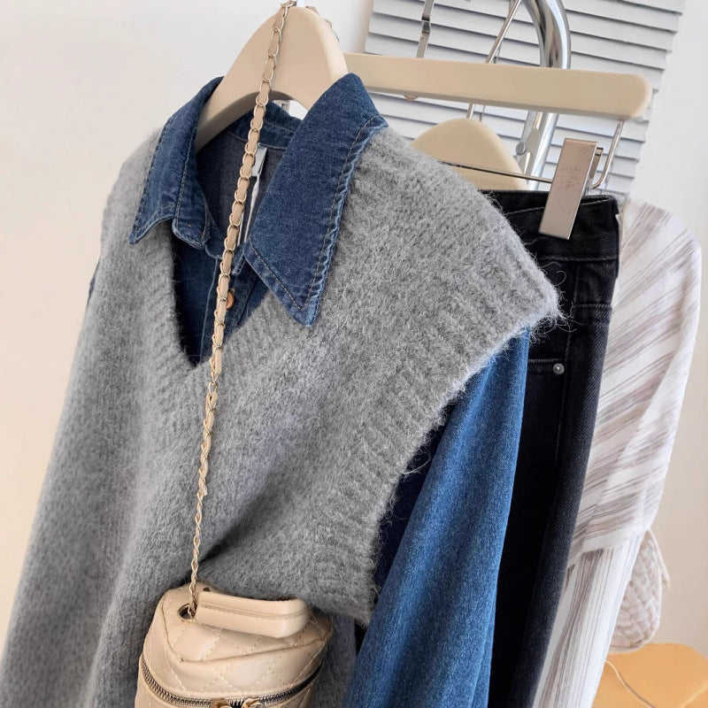 Damen Strickpullover V-Ausschnitt Lässiger Denim Look Blau