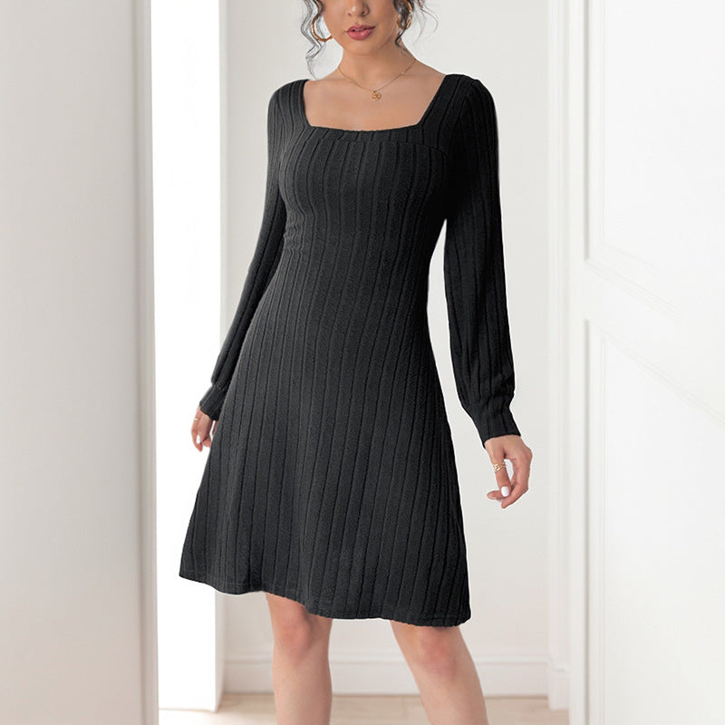 Damen Strickkleid Eckiger Ausschnitt Länge Lang Ärmel Anthrazit