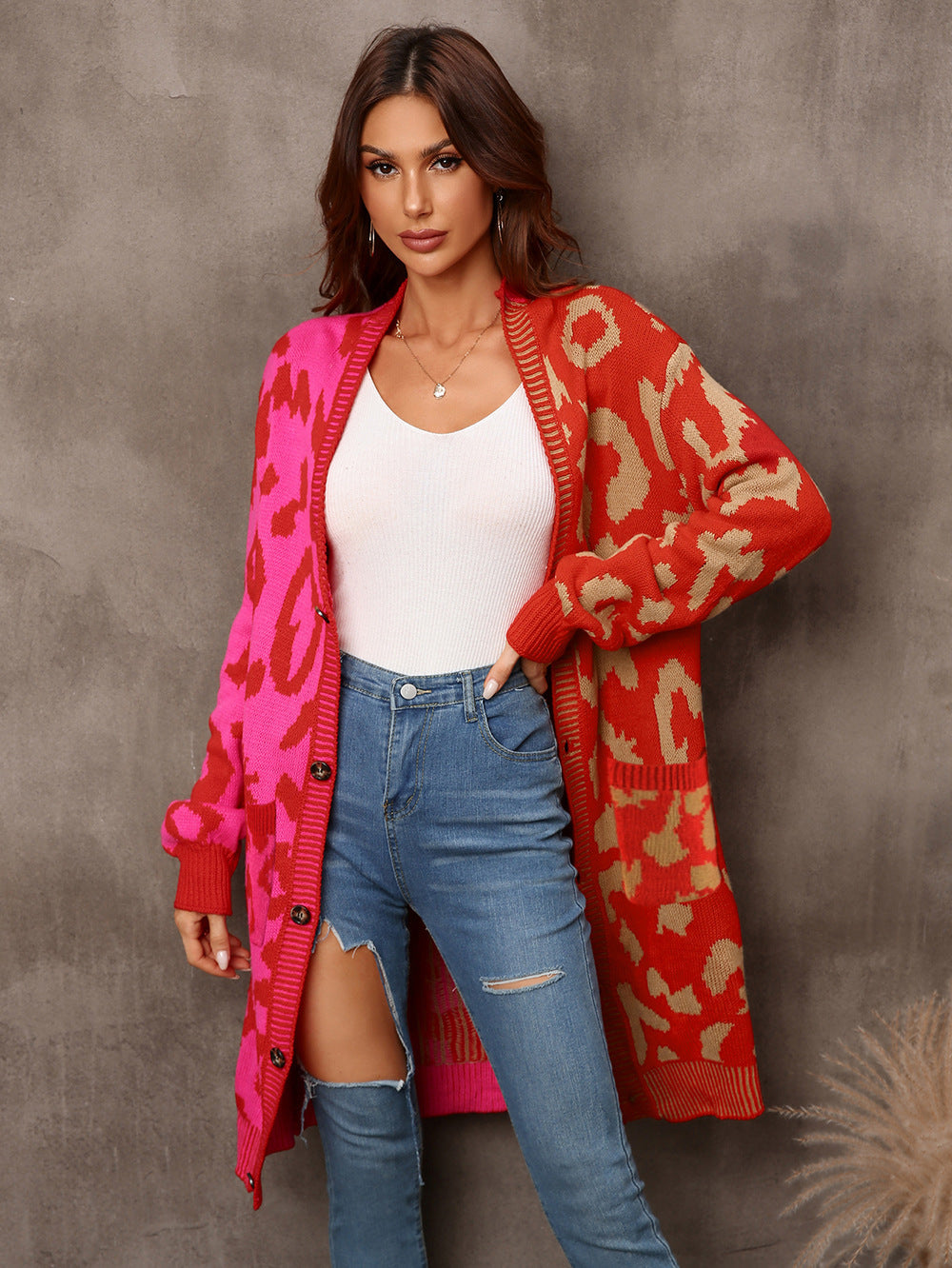 Damen Strickjacke Längeres Modell Auffälliges Muster Eveloria