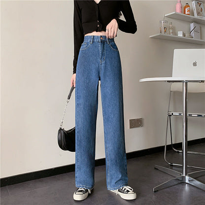 Damen Highwaist Jeans Weit Bequem Blau Eveloria