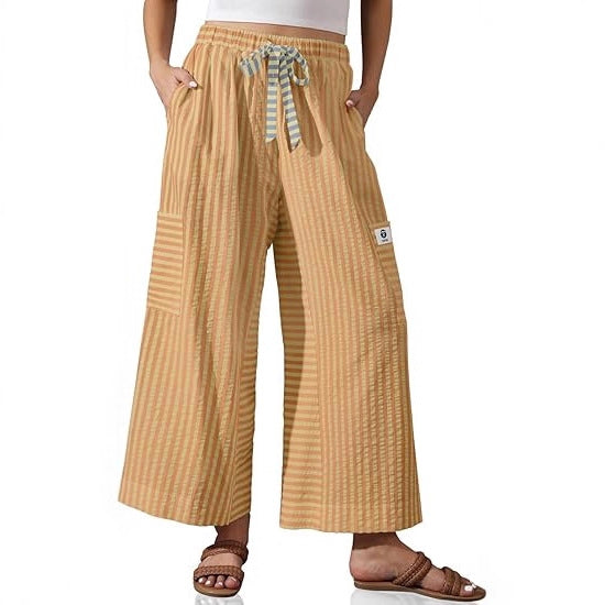 Damen Palazzo-Hose Gestreift Bequem Mit Taschen weiß