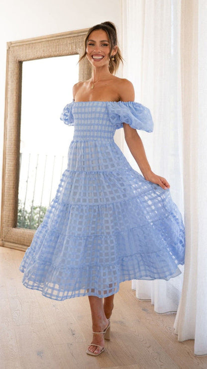 Damen Maxikleid Luftige Puffärmel Gerafftes Oberteil