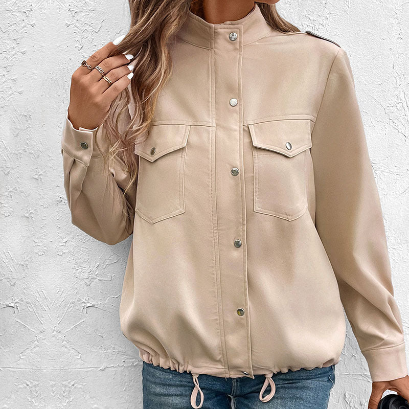 Damen Overshirtjacke Leicht Dekorative Druckknöpfe Blau