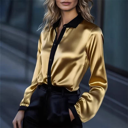 Eveloria Damen Satinbluse Kontrastkragen