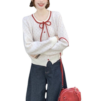 Damen Strickjacke mit Punkten und Schleife
