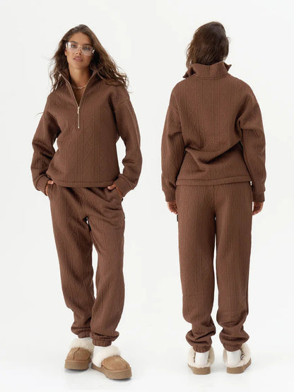 Damen Fleece-Loungewear-Set mit Reißverschluss Rippstruktur Eveloria