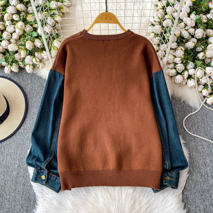 Damen Pullover Schmetterlingsmuster Denim Ärmel Blau