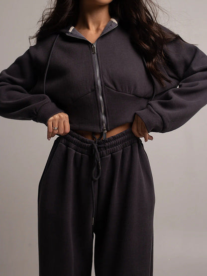 Damen Fleece-Loungewear-Set mit Kapuze und verstellbarem Bund