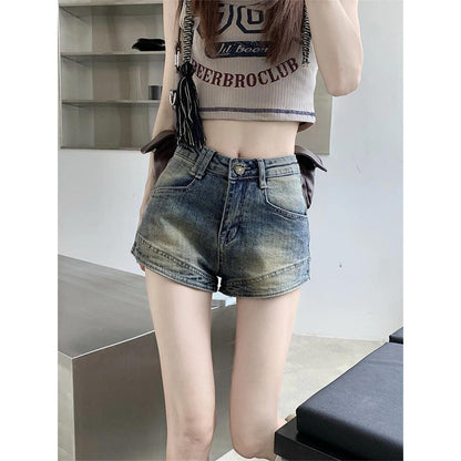 Damen High-Waist Jeans-Shorts mit Fransen