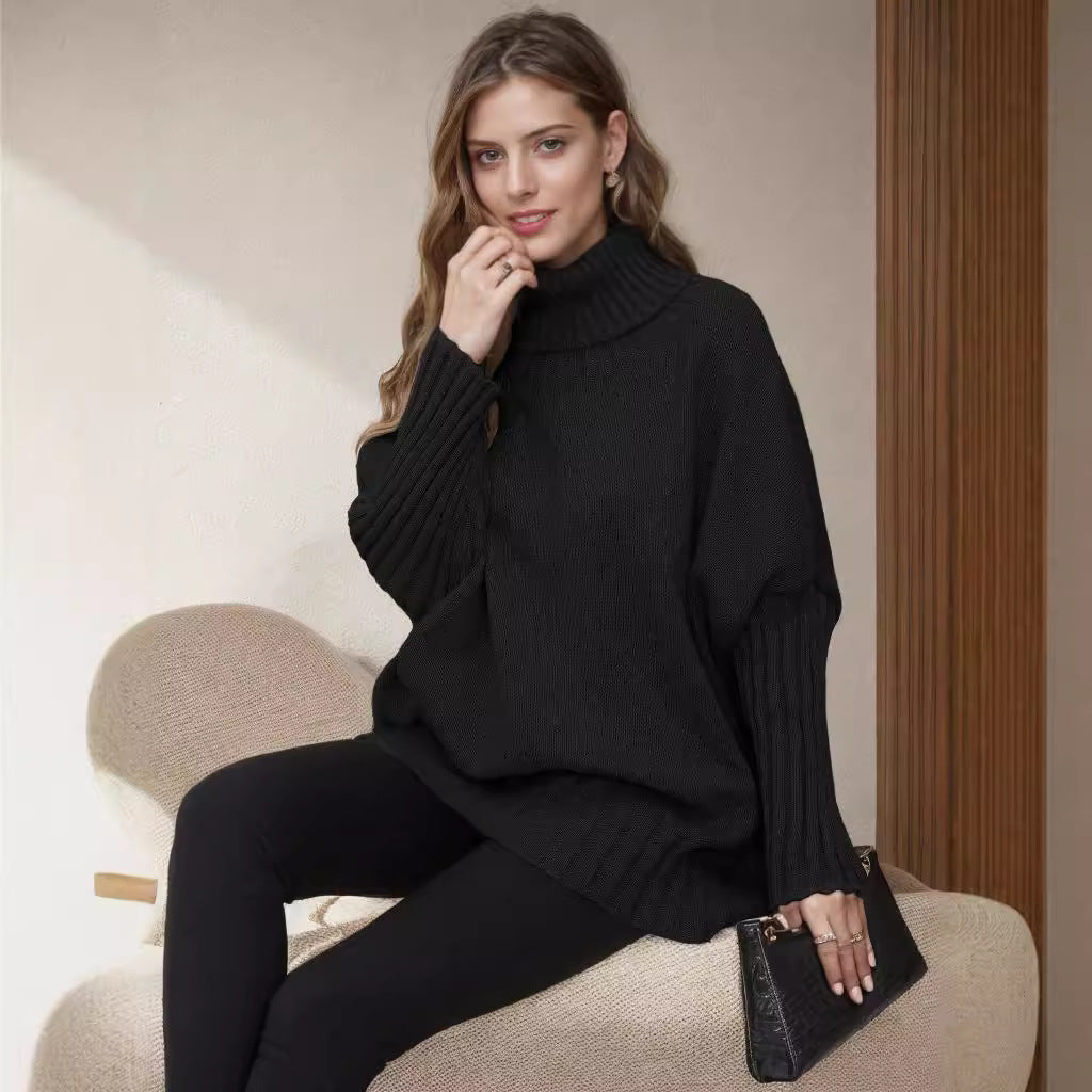 Damen Oversized Strickpullover Hochkragen Voluminöse Ärmel
