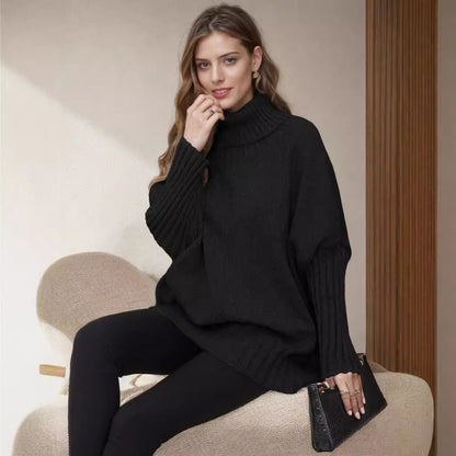 Damen Oversized Strickpullover Hochkragen Voluminöse Ärmel