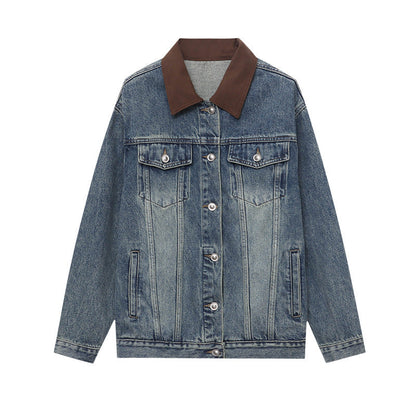 Damen Jeansjacke Lässiger Schnitt Kontrastkragen Blau