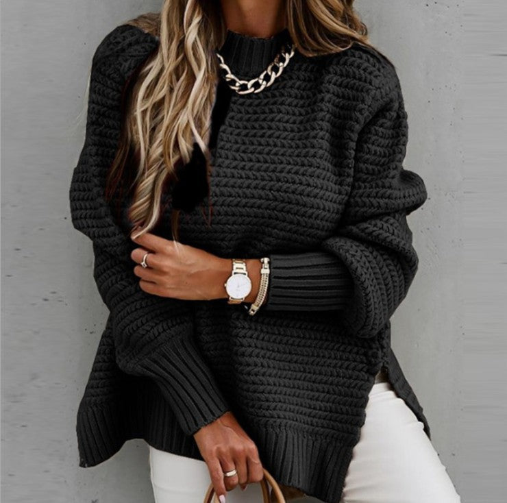 Damen Grobstrickpullover Hochgeschlossener Kragen Seitliche Schlitzen
