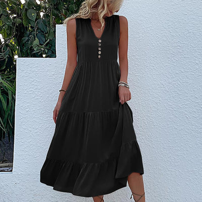 Damen Maxikleid Luftig Knöpfe Rüschensaum