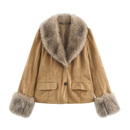 Damen Kunstlederjacke mit Kunstfellkragen Eveloria
