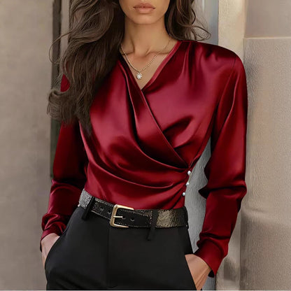 Damen Wickelbluse Satin Knöpfe Elegant Eveloria